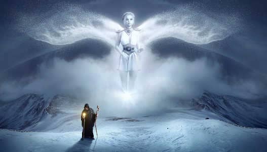 Die göttlichen Gesetze mann geht unter einem Engel führt in die spirituelle Meisterschaft