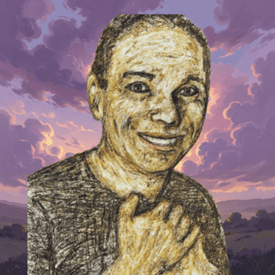 Hellseher Udo Golfmann vor einem violetten Wolkenhintergrund