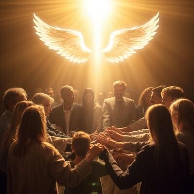 Teilnehmer halten sich an den Händen in einem Kreis, über ihnen strahlt ein helles Licht mit Engelsflügeln. Emotion von Geborgenheit & Einheit.(1)