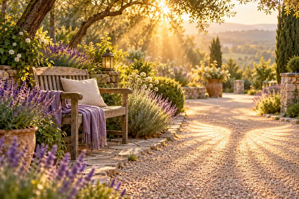 Gartenbank im Morgenlicht als Ruheort für persönliche Engelarbeit