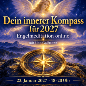 Engelmeditation online mit Udo Golfmann: Dein innerer Kompass für 2027 – goldenes Kompassmotiv mit Engel.