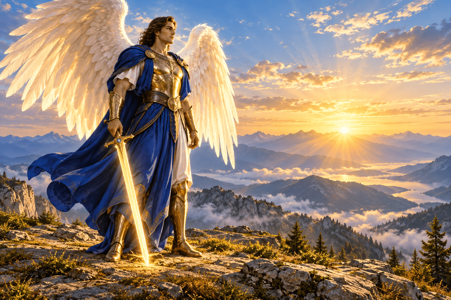 Erzengel Michael mit blauen Gewändern, hellen Flügeln und goldenem Lichtschwert in einer Berglandschaft