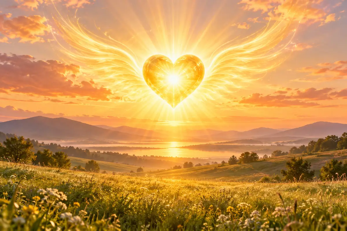 Goldene Flügel und Herzlicht als Symbol für eine Engelmeditation