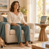 Frau bei einer Meditation zu Hause neben einem Laptop