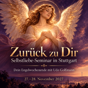 Engel mit goldenen Flügeln und Licht am Herzen – Titelmotiv zum Selbstliebe-Seminar 2027 in Stuttgart